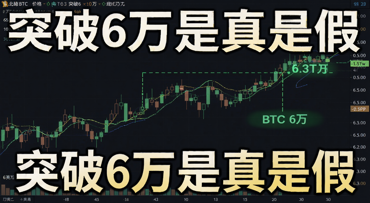 比特币BTC价格突破6万美元K线走势图,图中标注6万和6.5万关键位置,配文字“突破6万是真是假”