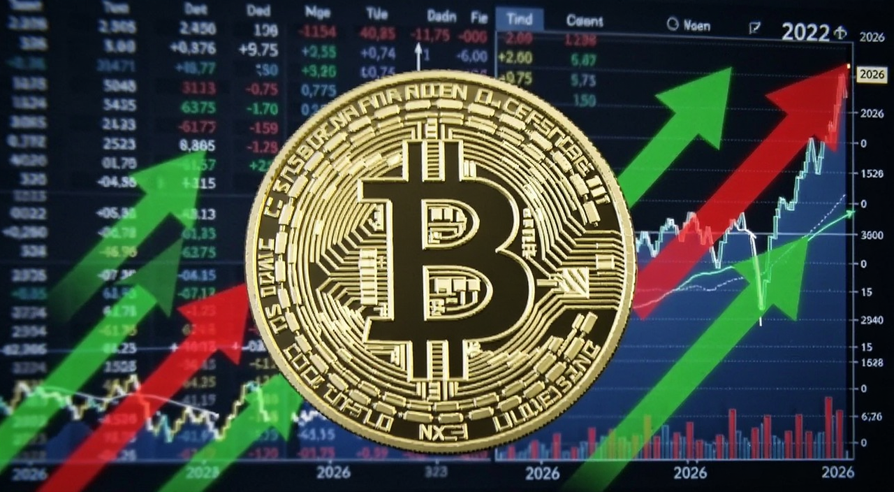 比特币价格走势图,画面中央是巨大的比特币标志,周围环绕着向上和向下的红色绿色箭头,背景是模糊的金融数据屏幕,图表上有2026字样,风格写实科技感