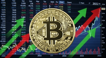 比特币价格走势图,画面中央是巨大的比特币标志,周围环绕着向上和向下的红色绿色箭头,背景是模糊的金融数据屏幕,图表上有2026字样,风格写实科技感
