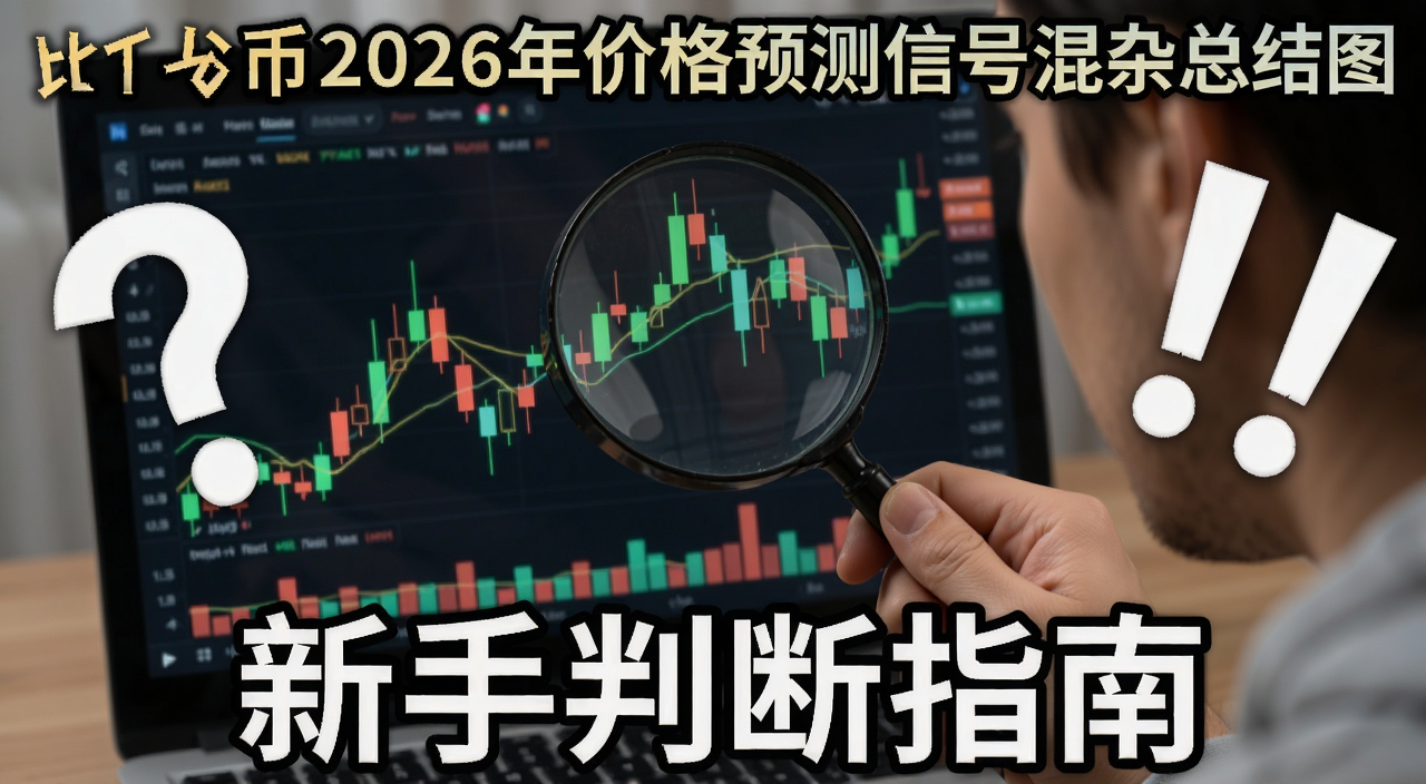 比特币2026年价格预测信号混杂总结图,画面中一个人拿着放大镜看K线图,旁边有问号和感叹号,底部文字写着新手判断指南