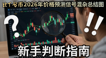 比特币2026年价格预测信号混杂总结图,画面中一个人拿着放大镜看K线图,旁边有问号和感叹号,底部文字写着新手判断指南