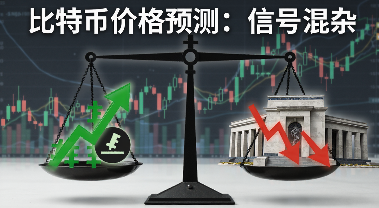 比特币价格预测信号混杂概念图,画面中央一个天平左右摇摆,左边是绿色上涨箭头和减半图标,右边是红色下跌箭头和美联储大楼,背景是K线图,顶部文字写着比特币价格预测:信号混杂