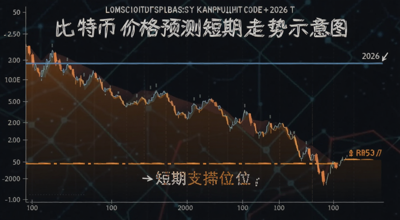 比特币价格预测短期下跌走势示意图,图中标注2026年关键支撑位和压力位,文字注明短期下跌预测
