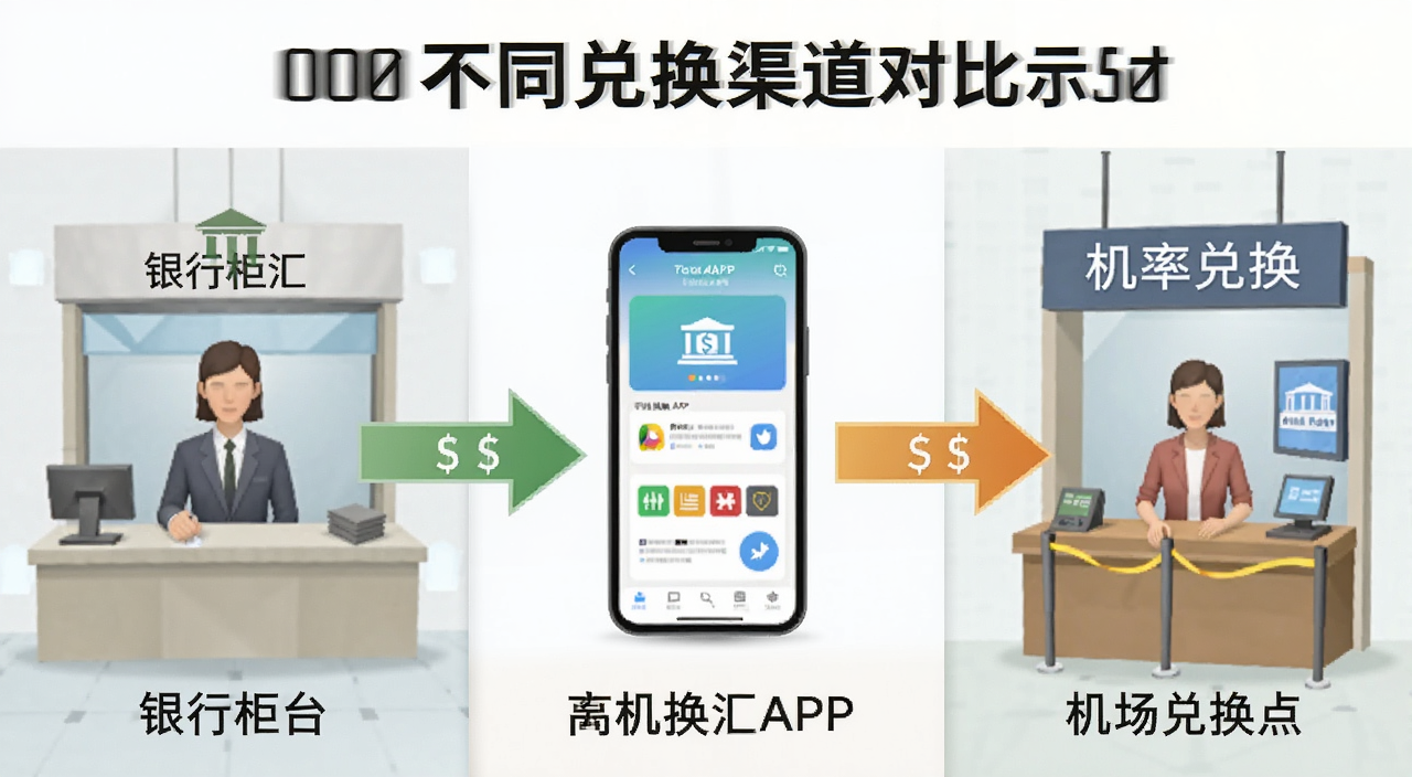 000美元不同兑换渠道对比示意图,左侧是银行柜台,中间是手机换汇APP,右侧是机场兑换点,用箭头标出汇率高低