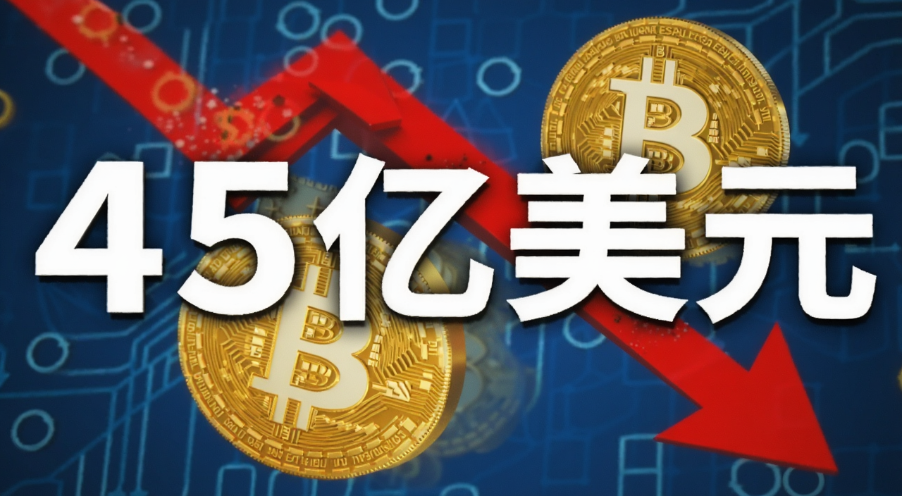 比特币ETF资金流出创纪录概念图,画面中有向下红色箭头和比特币标志,标注“45亿美元”字样,比特币