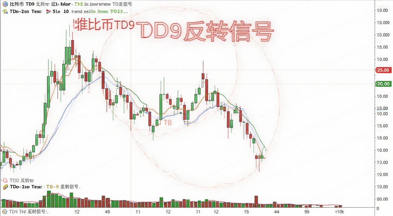 比特币TD9反转信号K线图走势分析,文字注明“TD9反转信号”