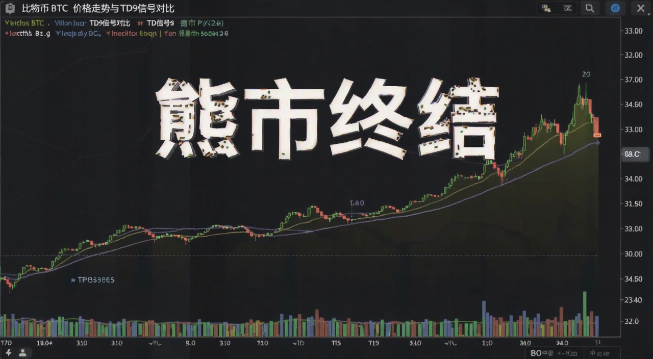 比特币BTC价格走势与TD9信号对比图,文字注明“熊市终结”