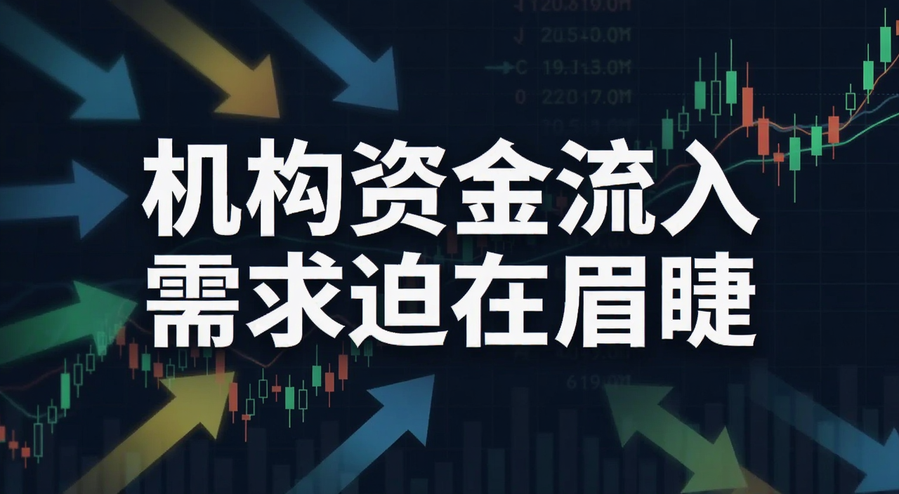 机构资金流入需求迫在眉睫概念图,画面中央用大号文字标注“机构资金流入需求迫在眉睫”,背景是资金流向箭头和K线图,风格简洁资讯配图