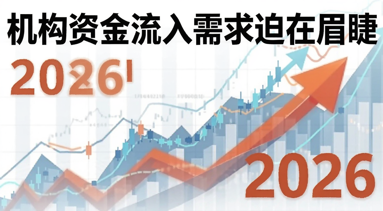 机构资金流入需求迫在眉睫2026年攻略总结图,包含“机构资金流入需求迫在眉睫”大字和2026年份,背景是走势图和资金流向箭头,风格资讯总结图