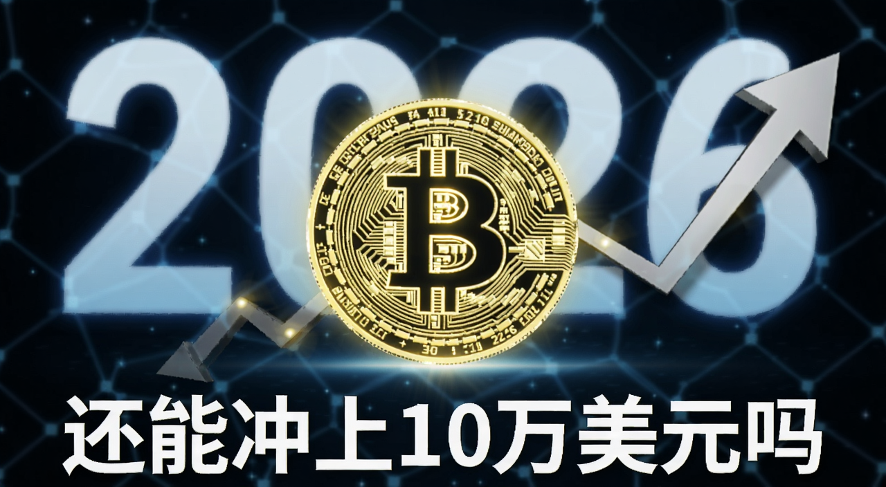 比特币2026年价格走势概念图,画面中央是一枚发光的比特币符号,背景是2026数字和向上箭头,底部有文字标注还能冲上10万美元吗