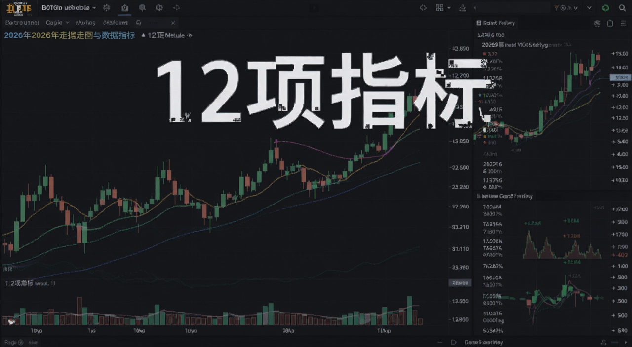 比特币2026年K线走势图与数据指标面板,图表上标注“12项指标”字样,背景是深色交易界面