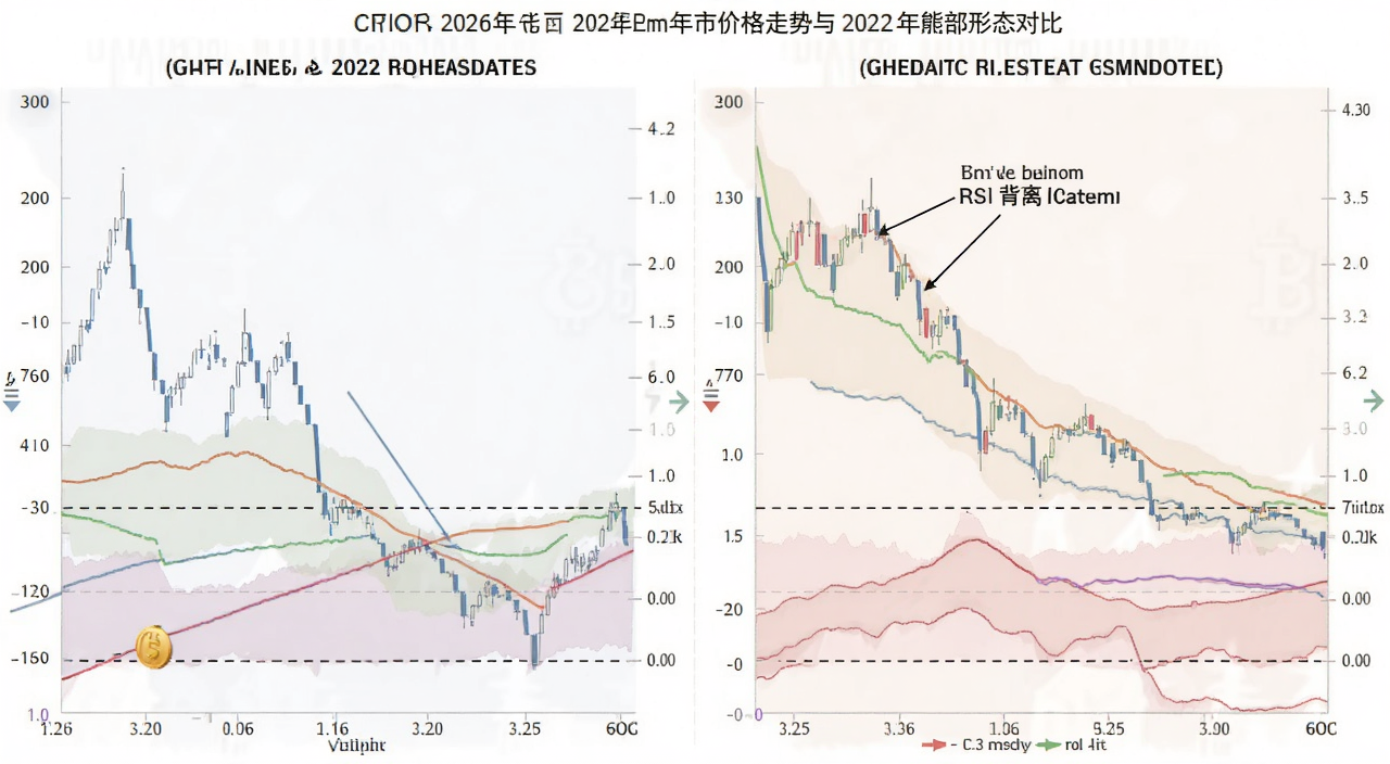 比特币2026年价格走势与2022年熊市底部形态对比图,标注RSI背离位置