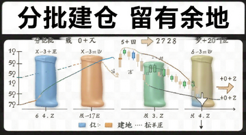 展示分批买入的仓位管理示意图,画面包含文字“分批建仓 留有余地”