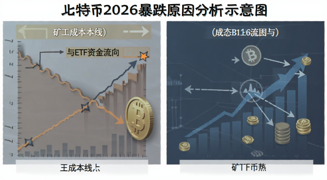 比特币2026暴跌原因分析示意图,标注矿工成本线与ETF资金流向