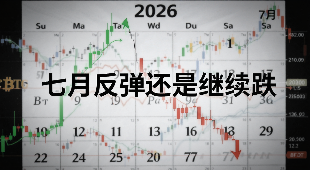 比特币BTC站在十字路口,K线图呈现分叉走势,一边向上一边向下,背景是2026年7月日历,整体氛围紧张充满悬念,图片中央写“七月反弹还是继续跌”字样