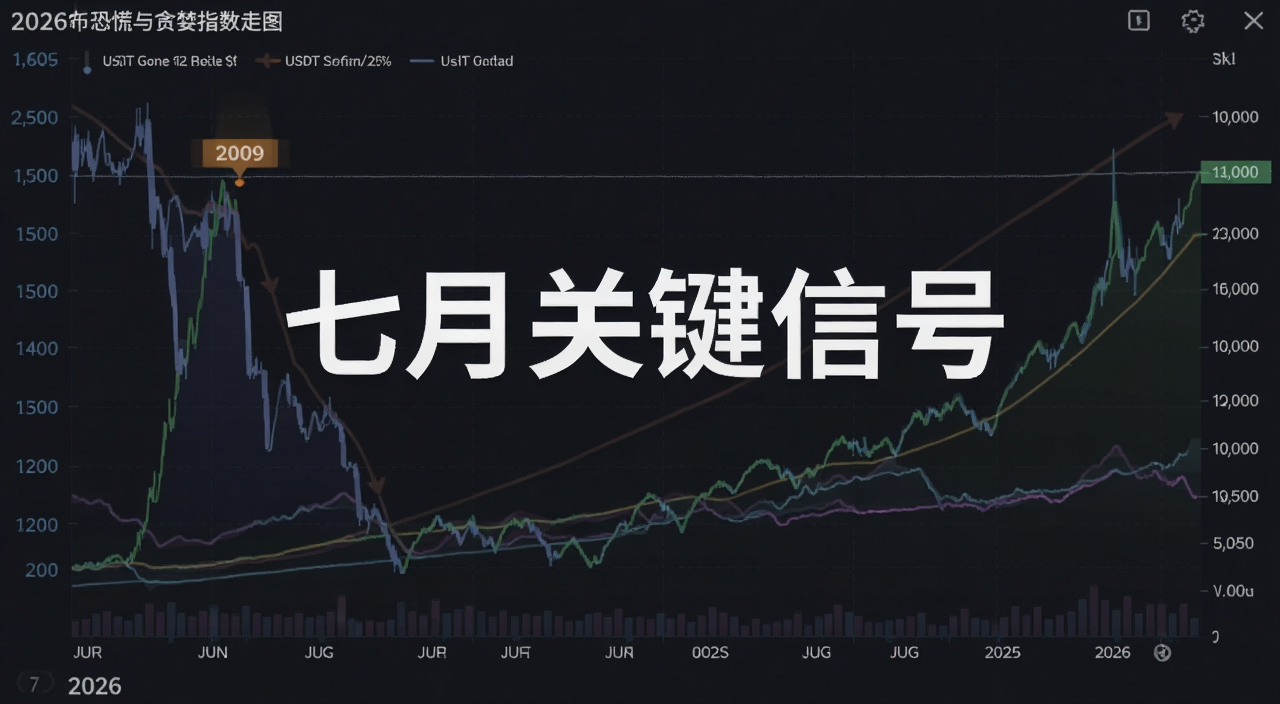 比特币恐慌与贪婪指数走势图,2026年7月时间节点标注,旁边有USDT溢价率曲线,整体深色背景,数据可视化风格,图片中央写“七月关键信号”字样