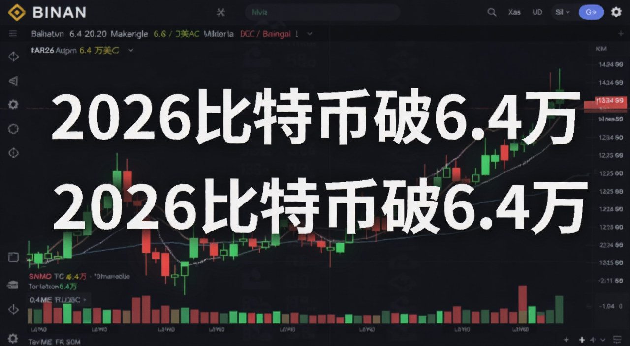 比特币冲破6.4万美元价格走势图,画面中带有“2026比特币破6.4万”字样,背景为币安交易界面,巨鲸断头单红绿K线闪烁