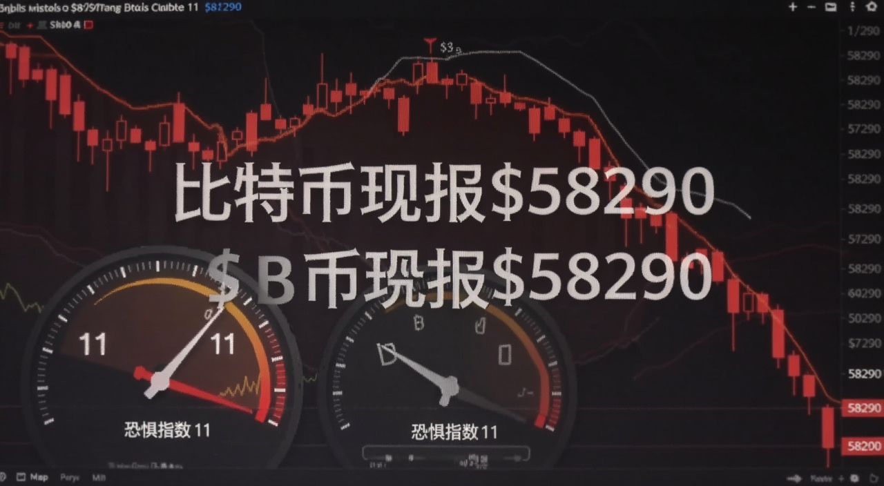 比特币暴跌行情走势图,画面中显示比特币现报58290美元的数字和恐惧指数11的仪表盘指针指向极度恐慌区域,背景是红色下跌K线,图片中央用文字标注“比特币现报$58290”和“恐惧指数11”
