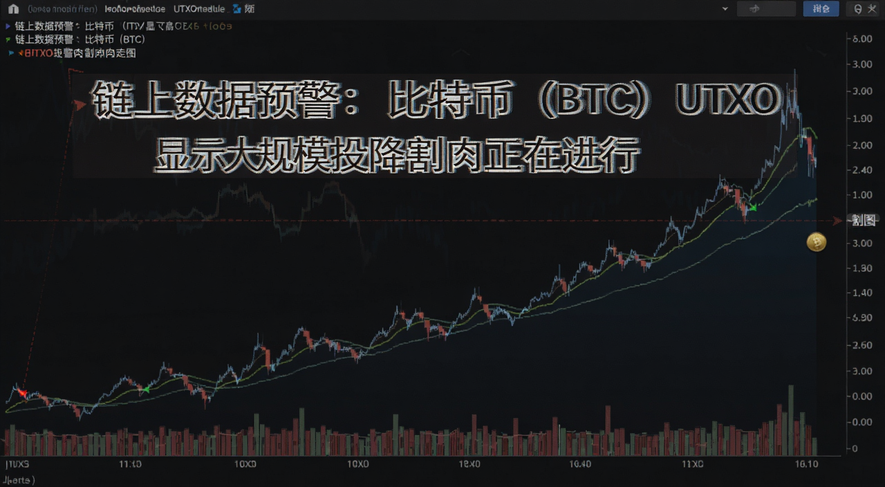 比特币UTXO链上数据预警投降割肉走势图,图中标注“链上数据预警:比特币(BTC)UTXO显示大规模投降割肉正在进行”