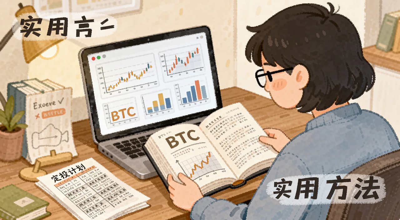 插画风格,一个人坐在书桌前看BTC相关书籍和图表,旁边有定投计划表,文字标注“实用方法”