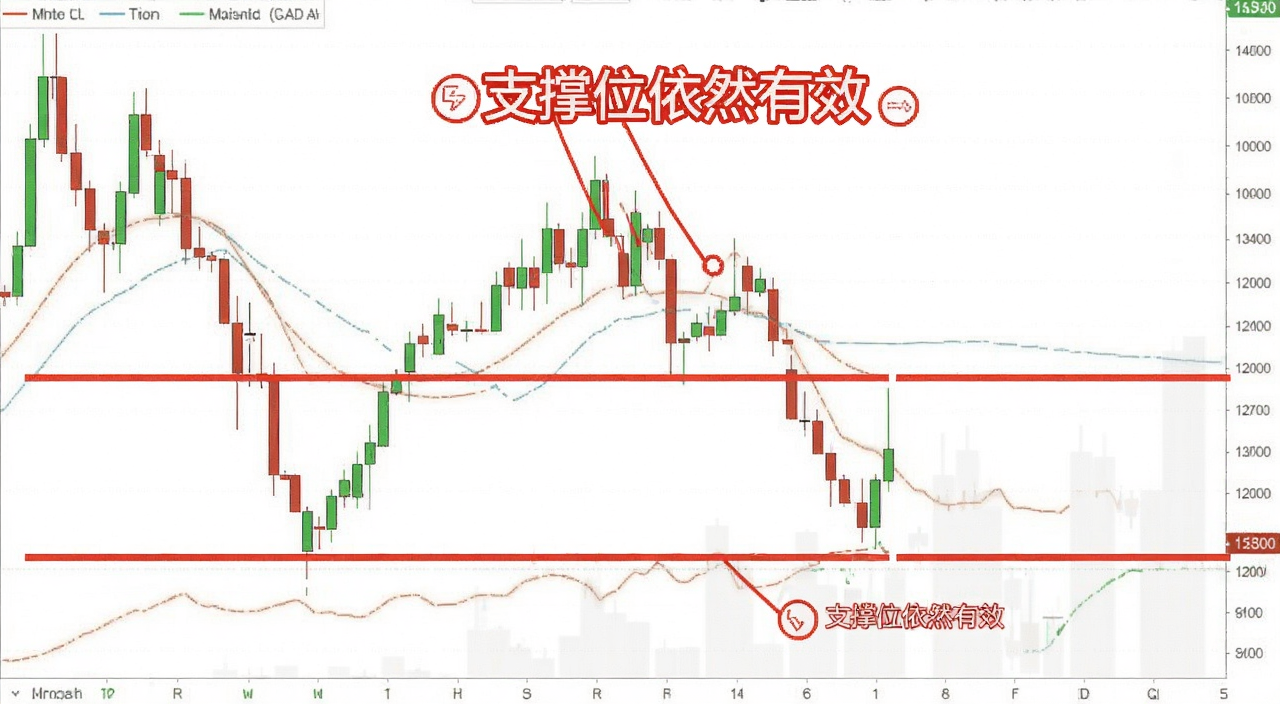 一张K线图上用红色水平线标注出三个明显的支撑位,价格每次跌到这条线附近就反弹,画面简洁清晰,带“支撑位依然有效”号标注