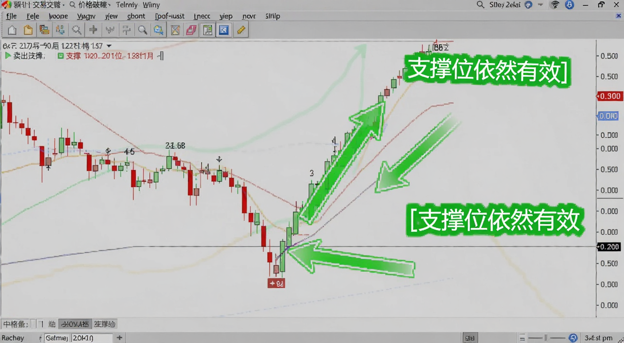 一张交易软件截图,显示价格跌破支撑位后反弹无力,用绿色箭头标注卖出信号,带“支撑位依然有效”号标注