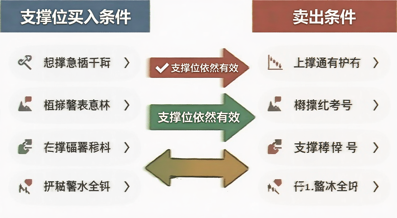 一张总结性图表,左边写支撑位买入条件,右边写卖出条件,中间用箭头连接,带“支撑位依然有效”号标注
