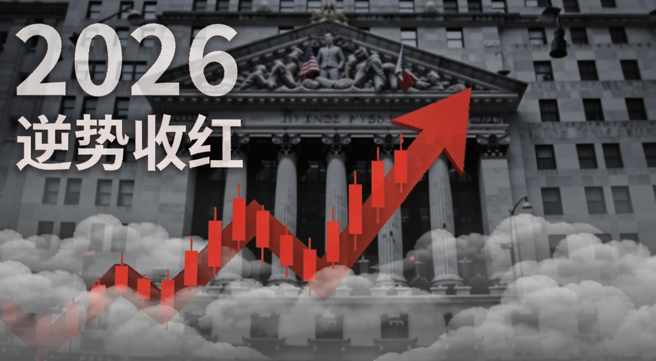 美股逆势收红概念图,画面中一只红色K线箭头向上突破灰色阴云,背景是纽约证券交易所大楼轮廓,文字标注“2026 逆势收红”