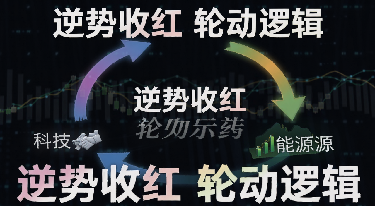 美股板块轮动示意图,科技、能源、医药三个板块用箭头连接循环,文字标注“逆势收红 轮动逻辑”