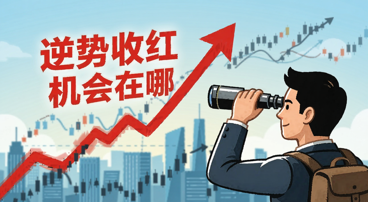 美股投资策略示意图,一个人拿着望远镜看远方红色上涨曲线,文字标注“逆势收红 机会在哪”