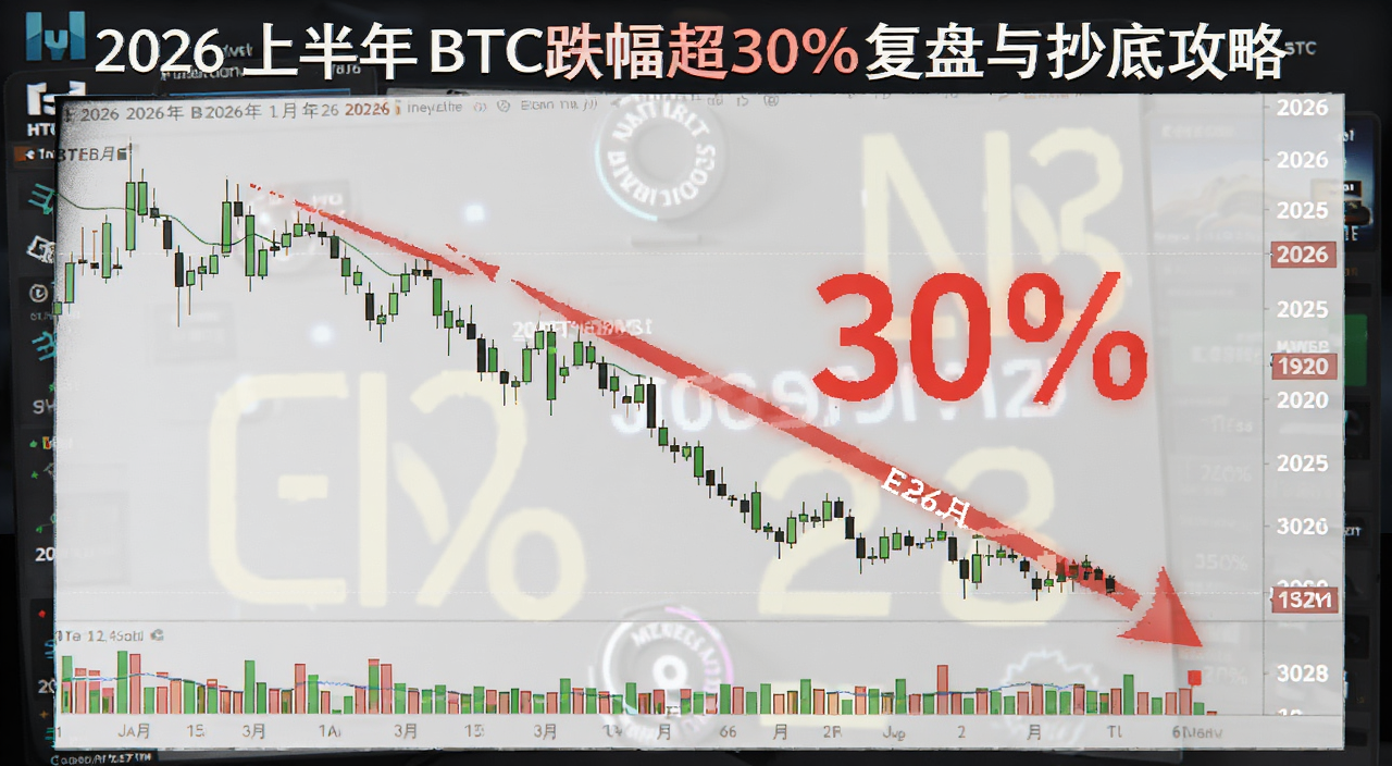 2026�ϰ���BTC������30%�����볭�׹��ԣ�����������һ��BTC����K��ͼ��ͼ�ϱ�ע��2026��1����6�µ��µ����ƣ���������30%����Ŀ��ɫ�ű�ע�����������ֻ��ҽ���������Ԫ�أ�������ƫ�ƾ���Ѷ��ͼ
