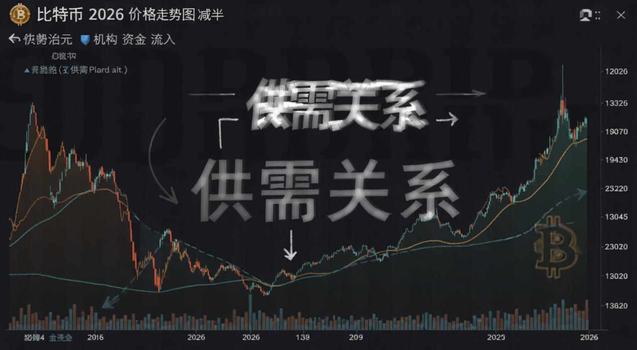 比特币 2026 价格 走势图 减半 机构 资金 流入 文字标注“供需关系”
