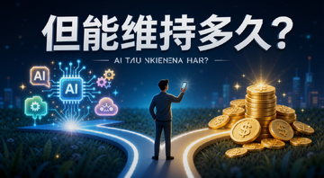 AI红利但能维持多久?普通人入局赚钱场景概念图,画面中一个人站在分岔路口,一边是发光的AI工具图标,一边是金币堆,文字标注“但能维持多久?”
