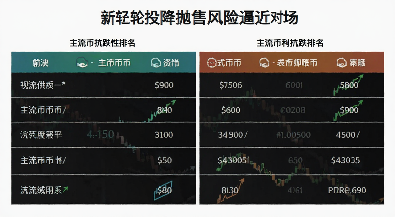 新一轮投降抛售风险逼近市场 对比表格可视化 主流币种抗跌性排名 简洁数据图