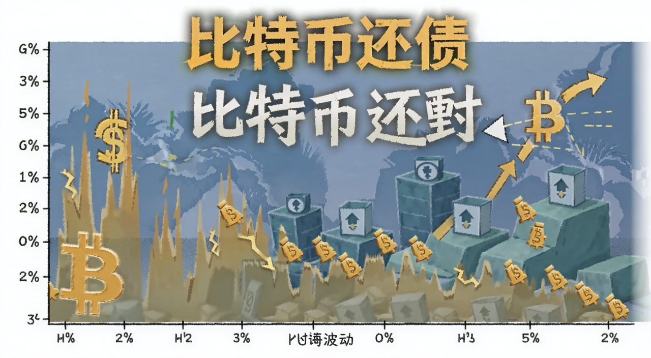 比特币价格波动与市场情绪示意图,文字注明“比特币还债”