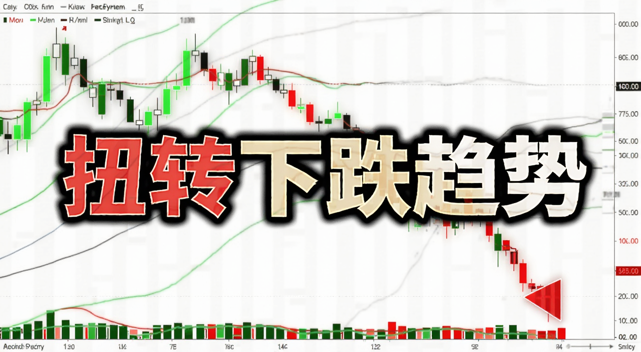 股市K线图由绿转红扭转下跌趋势的示意画面,画面中央用大字标注“扭转下跌趋势”