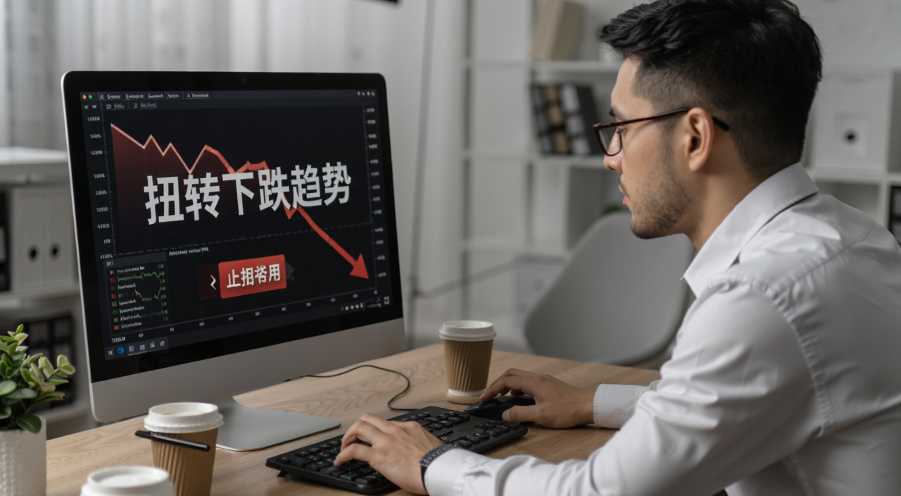 投资者在电脑前设置止损单的画面,屏幕显示“扭转下跌趋势”字样
