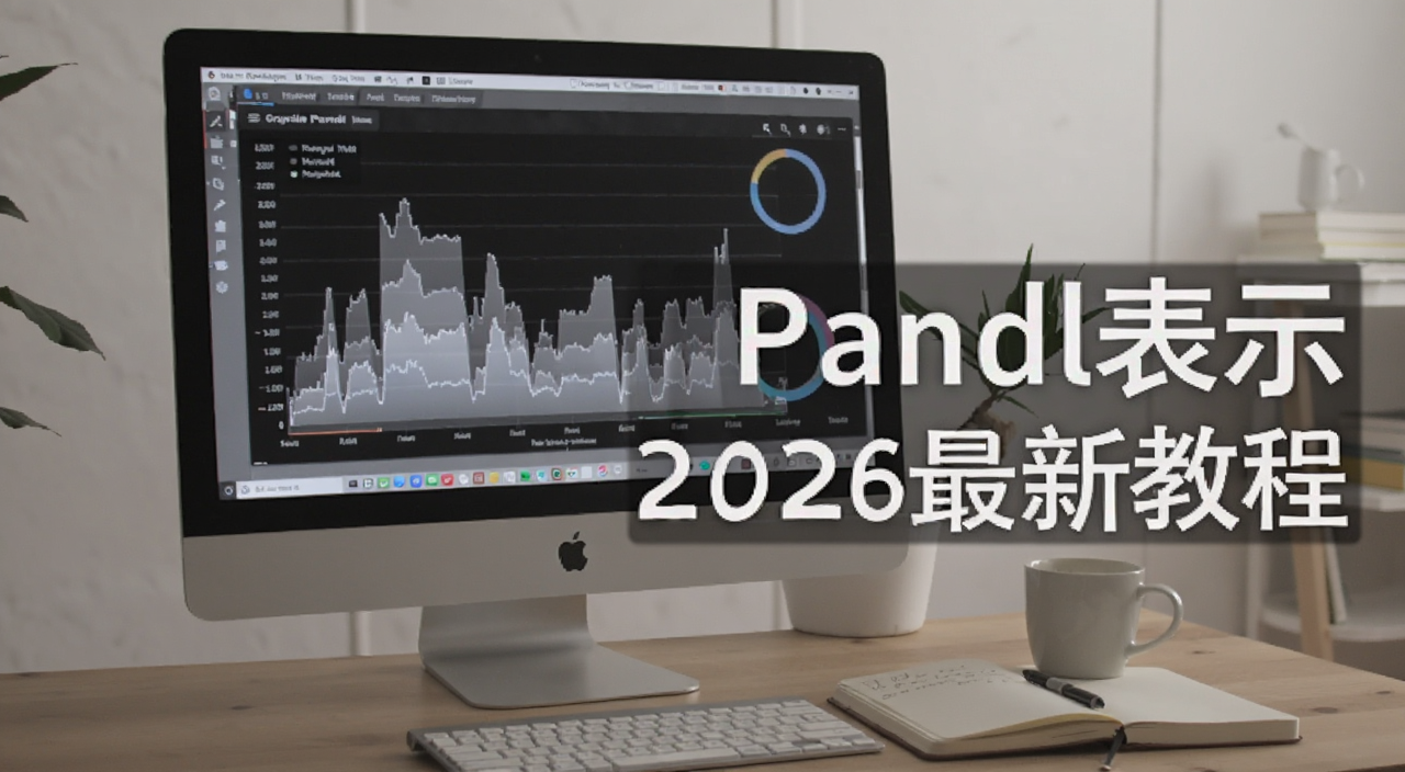 一个电脑屏幕上显示Grayscale的Pandl表示数据图表的场景,旁边有笔记本和咖啡杯,文字标注“Pandl表示”“2026最新教程”