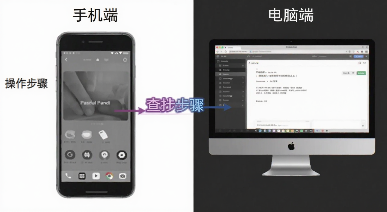 Grayscale的Pandl表示在手机端和电脑端的查看界面对比图,标注操作步骤,文字“手机端”“电脑端”