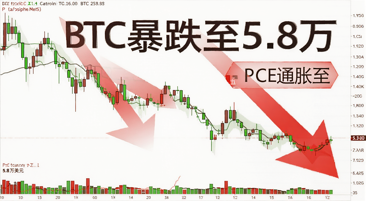 比特币BTC价格暴跌至5.8万美元的K线走势图,画面中有红色向下箭头和PCE通胀数据标签,文字注明“BTC暴跌至5.8万”