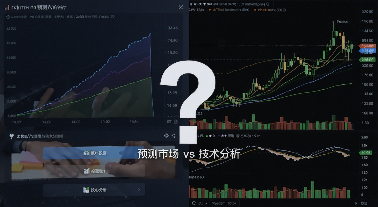 比特币预测市场与技术分析对比概念图,画面左侧是赔率曲线和投票界面,右侧是K线图和均线指标,中间一个问号,文字标注“预测市场 vs 技术分析”