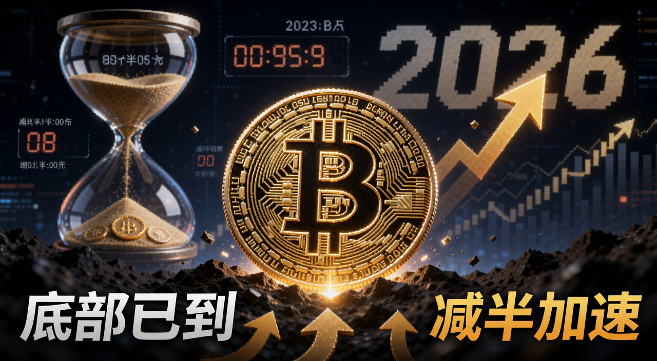比特币底部已到减半周期加速概念图,画面中央是巨大的比特币符号从谷底向上攀升,背景是减半倒计时沙漏和2026字样,底部有抄底箭头,文字标注“底部已到”和“减半加速”