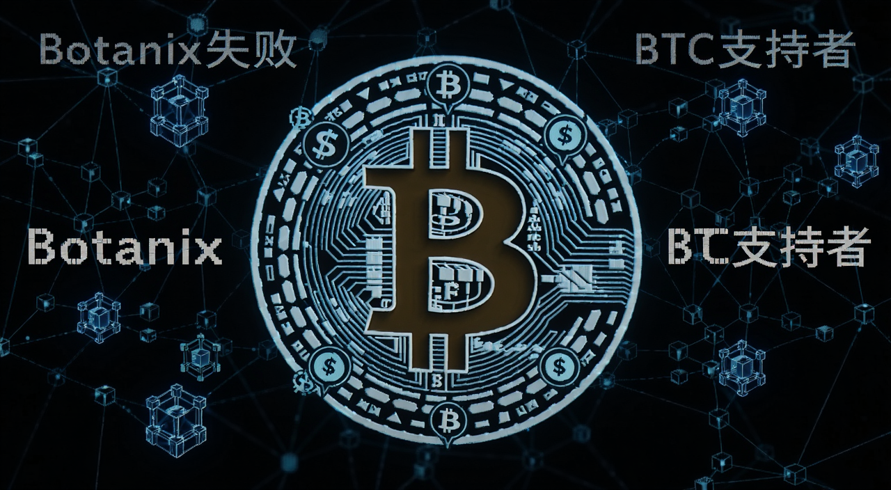 比特币DeFi概念图,画面中央是比特币标志与去中心化金融图标交织,背景是区块链网络节点,文字标注“Botanix失败”和“BTC支持者”
