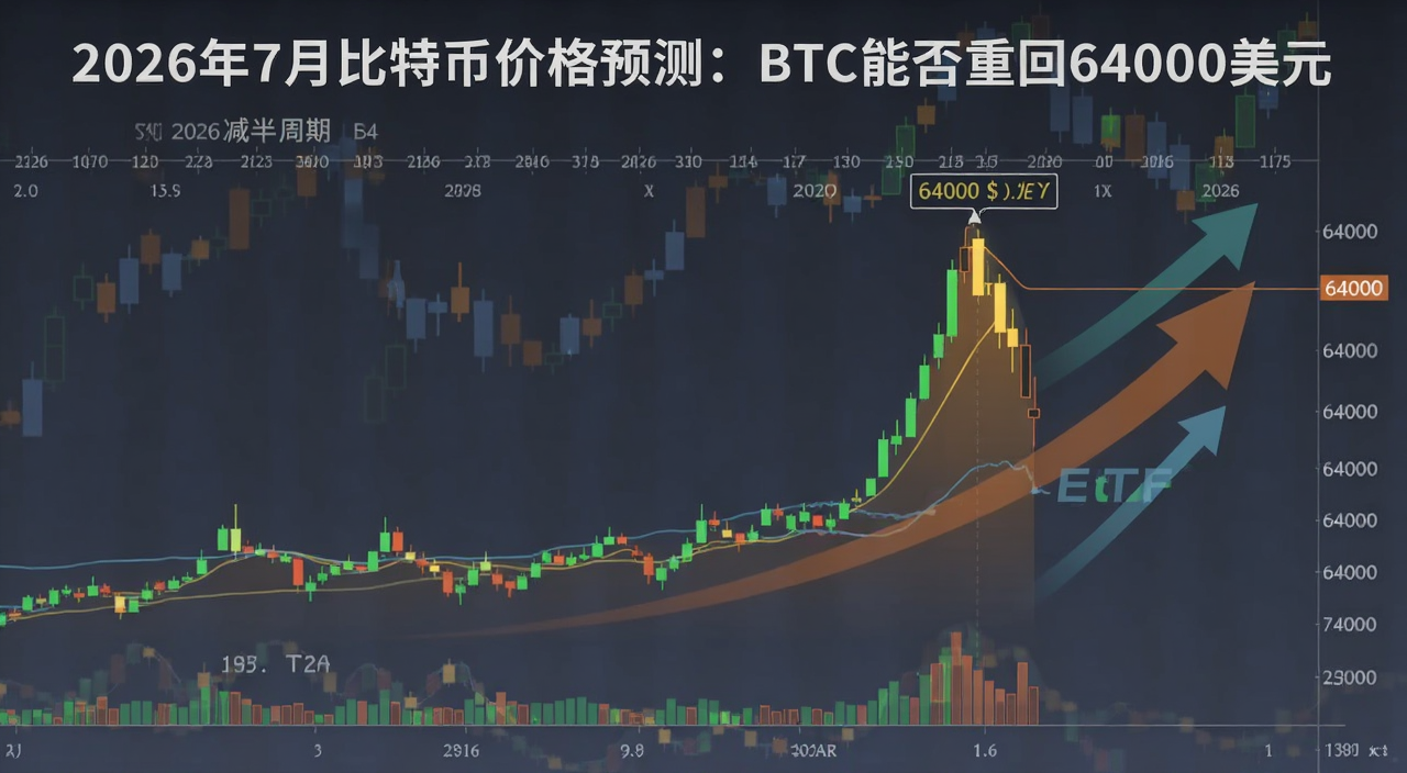 2026年7月比特币价格预测走势图,画面中央是比特币K线图冲击64000美元关口,背景是减半周期时间轴和ETF资金流入箭头,文字标注“2026年7月比特币价格预测:BTC能否重回64000美元”