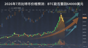 2026年7月比特币价格预测走势图,画面中央是比特币K线图冲击64000美元关口,背景是减半周期时间轴和ETF资金流入箭头,文字标注“2026年7月比特币价格预测:BTC能否重回64000美元”