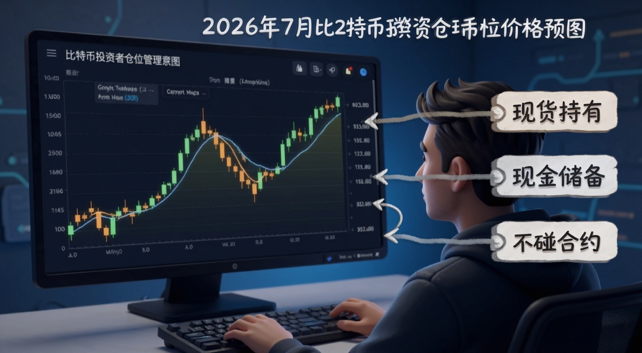 比特币投资者仓位管理示意图,画面中一个人看着比特币价格曲线,旁边标注“现货持有、现金储备、不碰合约”,文字标注“2026年7月比特币价格预测”