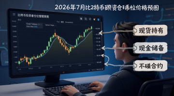比特币投资者仓位管理示意图,画面中一个人看着比特币价格曲线,旁边标注“现货持有、现金储备、不碰合约”,文字标注“2026年7月比特币价格预测”