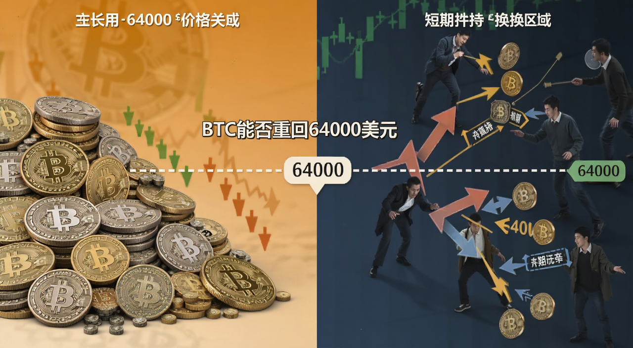 比特币64000美元价格关口多空争夺示意图,画面左侧是长期持有者筹码堆积,右侧是短期持有者换手区域,中间用虚线标出64000美元,文字标注“BTC能否重回64000美元”