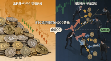 比特币64000美元价格关口多空争夺示意图,画面左侧是长期持有者筹码堆积,右侧是短期持有者换手区域,中间用虚线标出64000美元,文字标注“BTC能否重回64000美元”