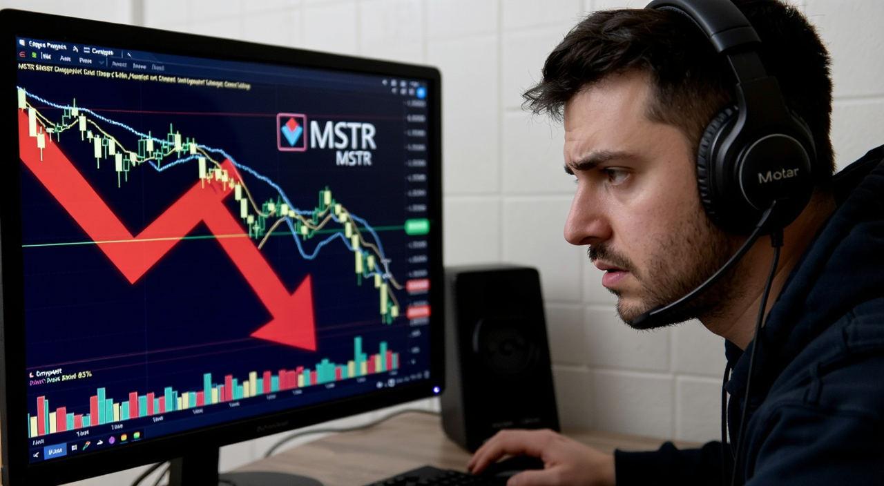 MSTR策略暴跌83% 一个加密货币交易者盯着暴跌的K线图表情凝重 屏幕上有红色向下箭头 标注